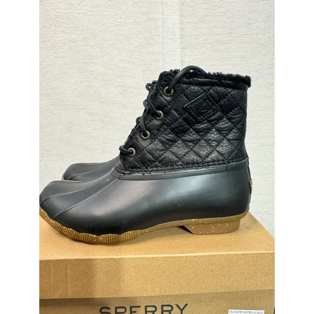 Sperry Saltwater Winter Lux Black Quilted Leather Duck Boots STS84618 Womens 6.5